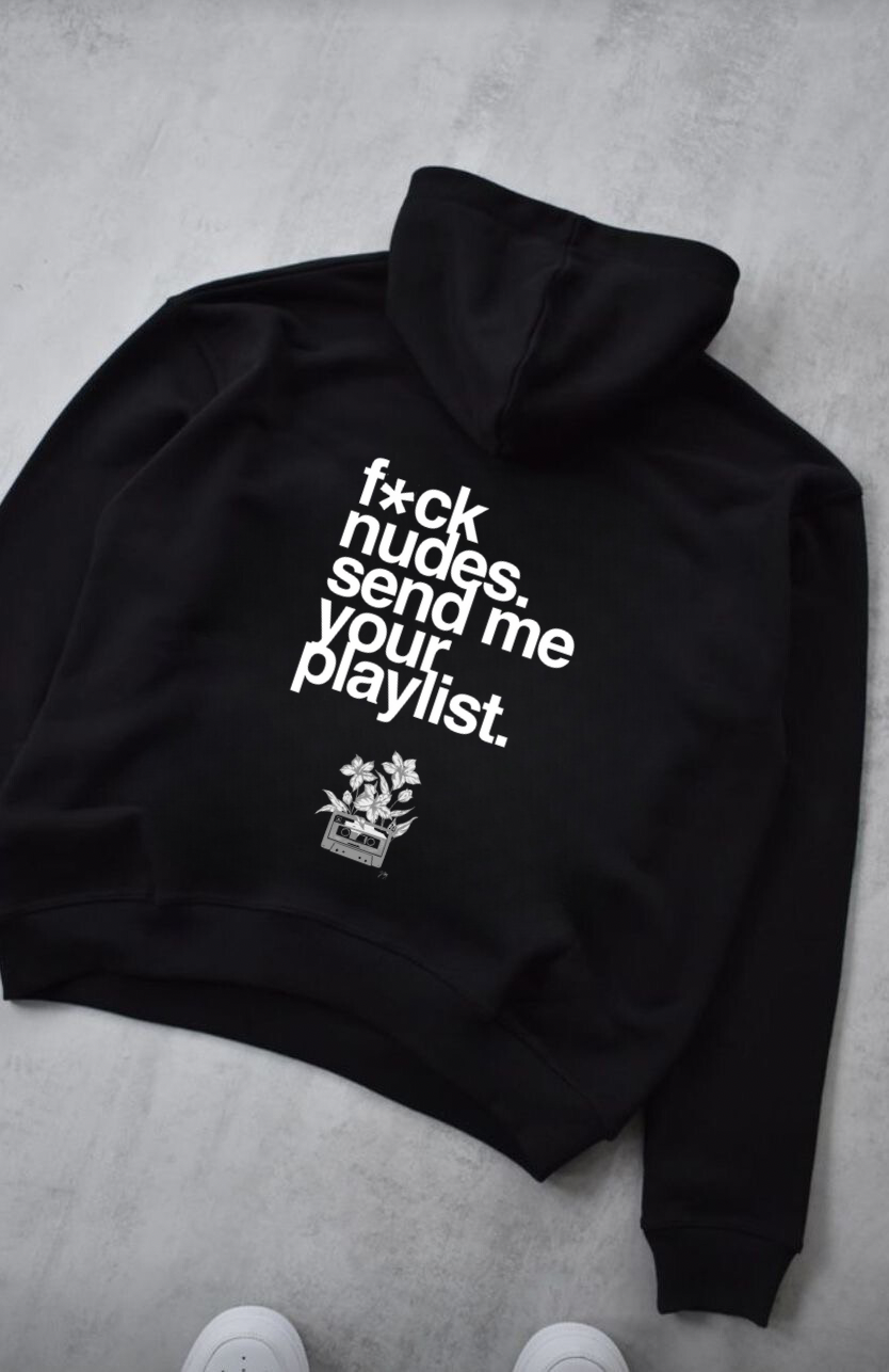 “Send me your playlist” Boxy Black Hiddn Hoodie