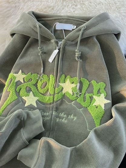 Embroidery Cord Zip up Y2k hoodie