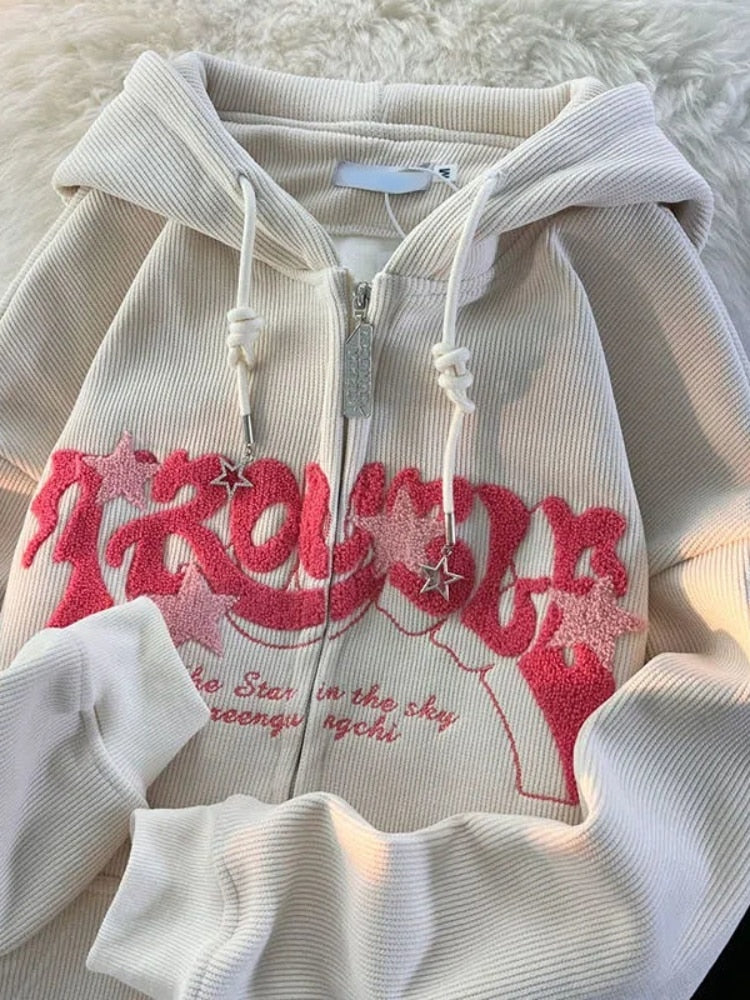 Embroidery Cord Zip up Y2k hoodie