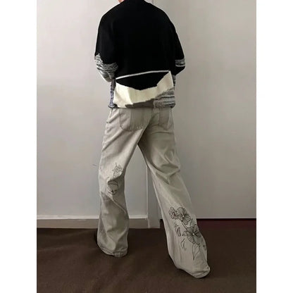 American Style Instagram High Street Trendy Loose Wide Leg Pants for Men Graffiti Original New Retro Hand-painted Graffiti Jeans