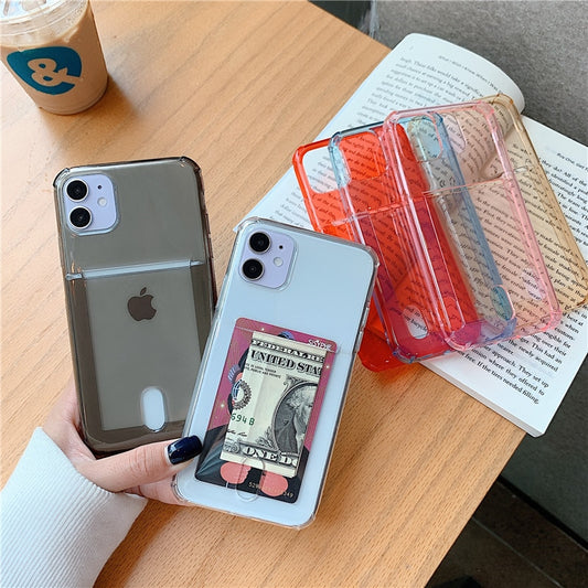 Clear Card Holder Phone Case For iPhone 12 Mini 11 Pro Max XS MAX XR X 7 8 Plus Bumper Solid Color Credit Slot Back Cover